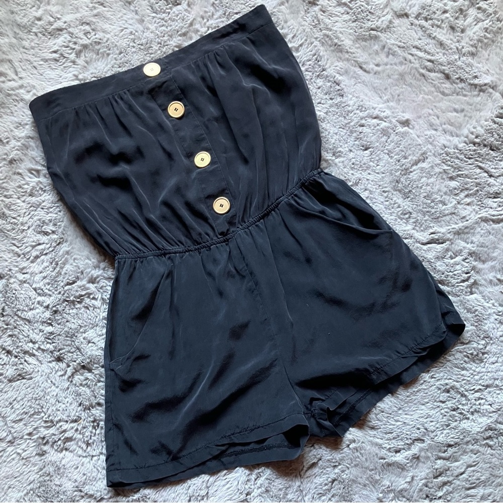 Black Aqua silk romper with gold buttons and pockets size large but fits medium